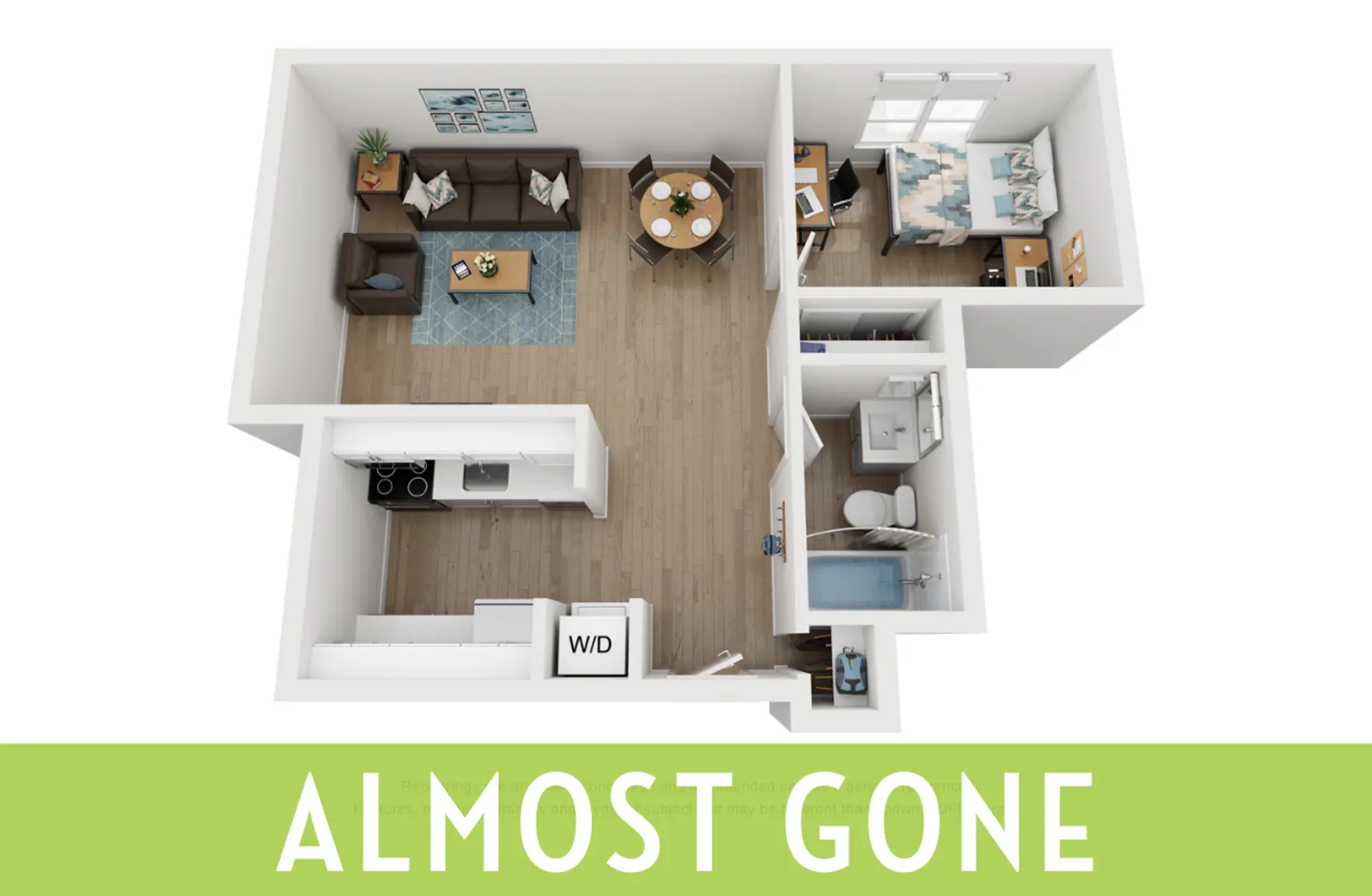 A top-down view of a modern apartment layout featuring a living area, kitchen, and two bedrooms, labeled 'Almost Gone.'