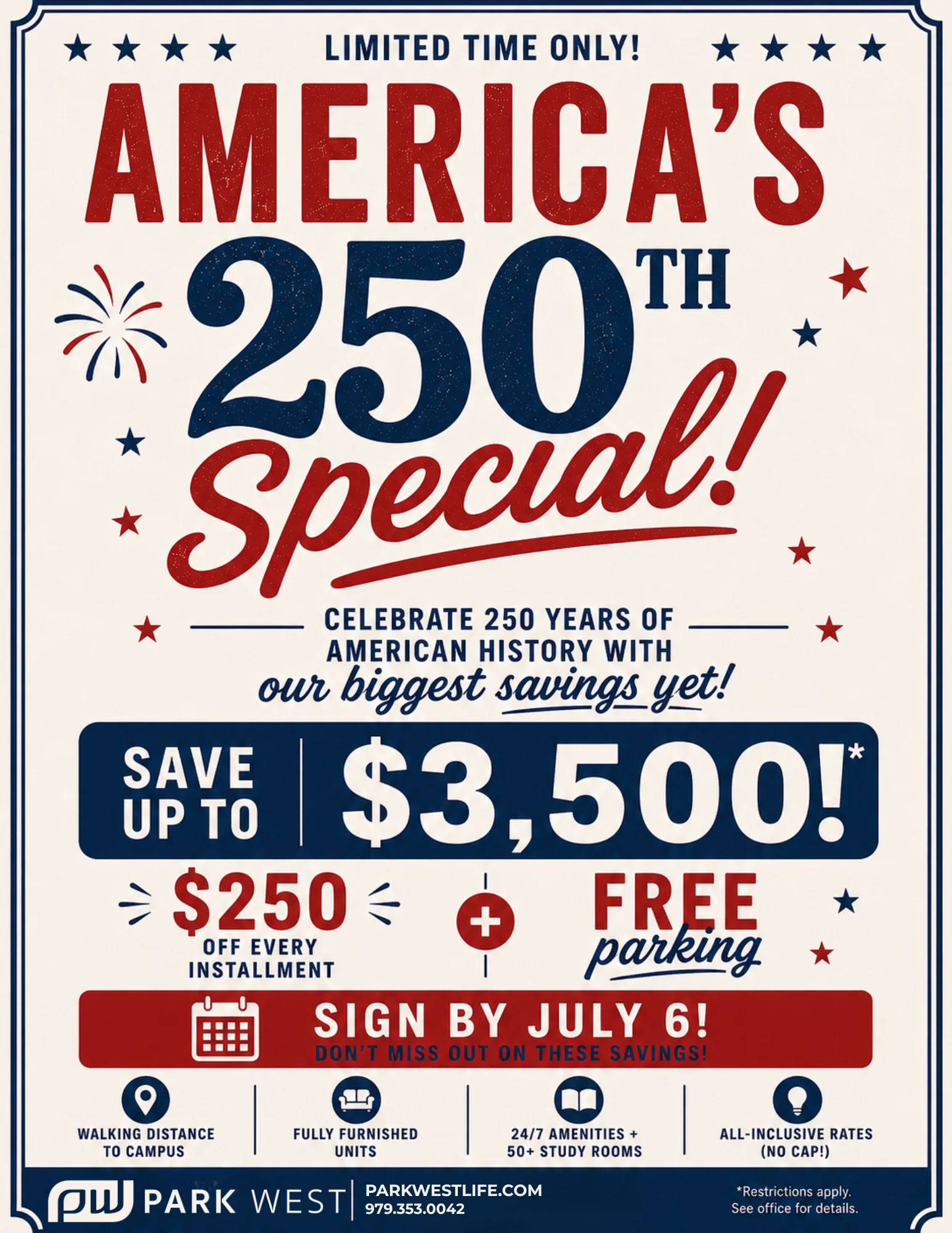 Promotional flyer for America's 250th Special with savings details.