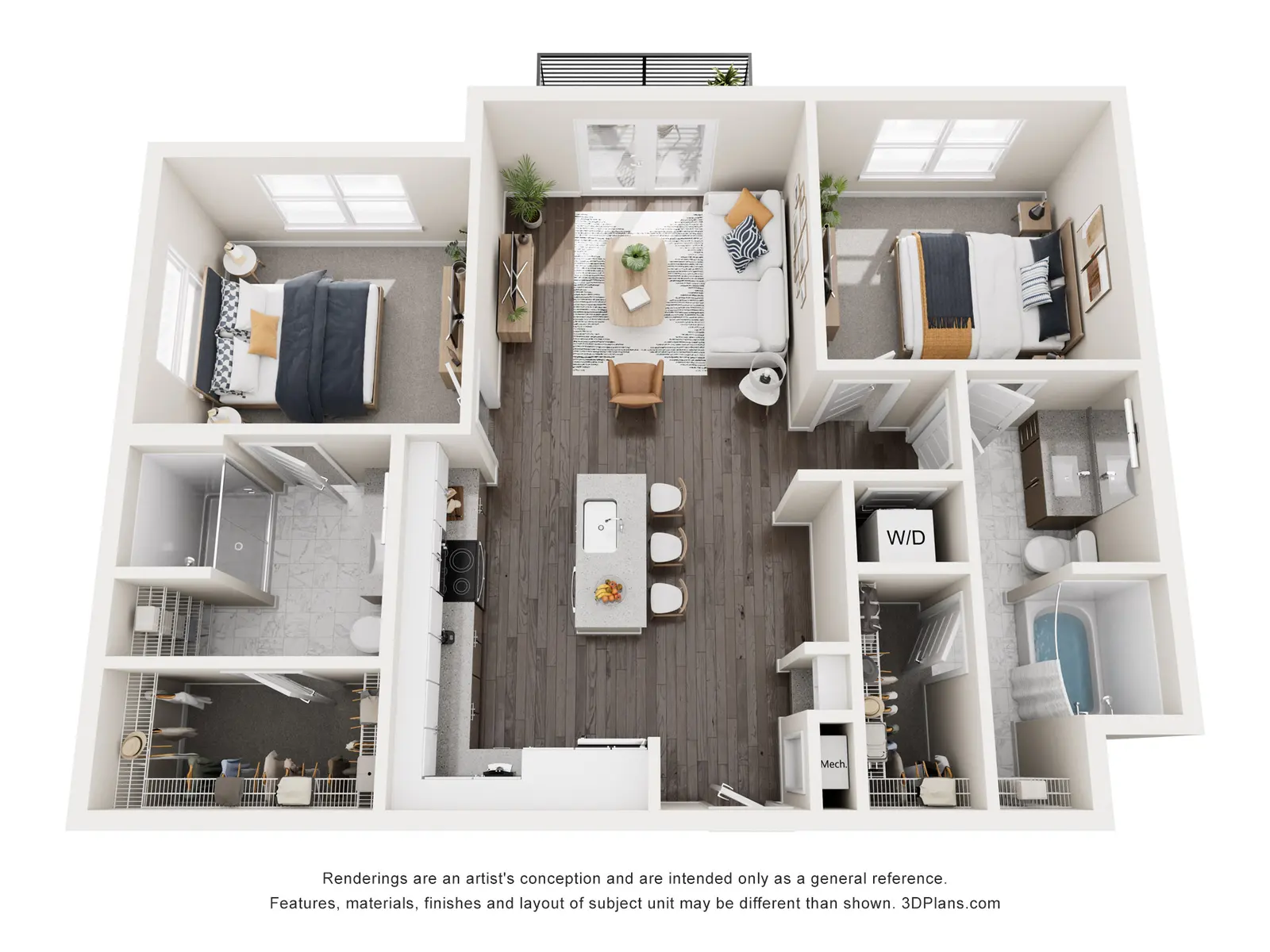 A bird's-eye view of a modern two-bedroom apartment layout featuring a living area, kitchen, and two bedrooms, showcasing furniture arrangements.
