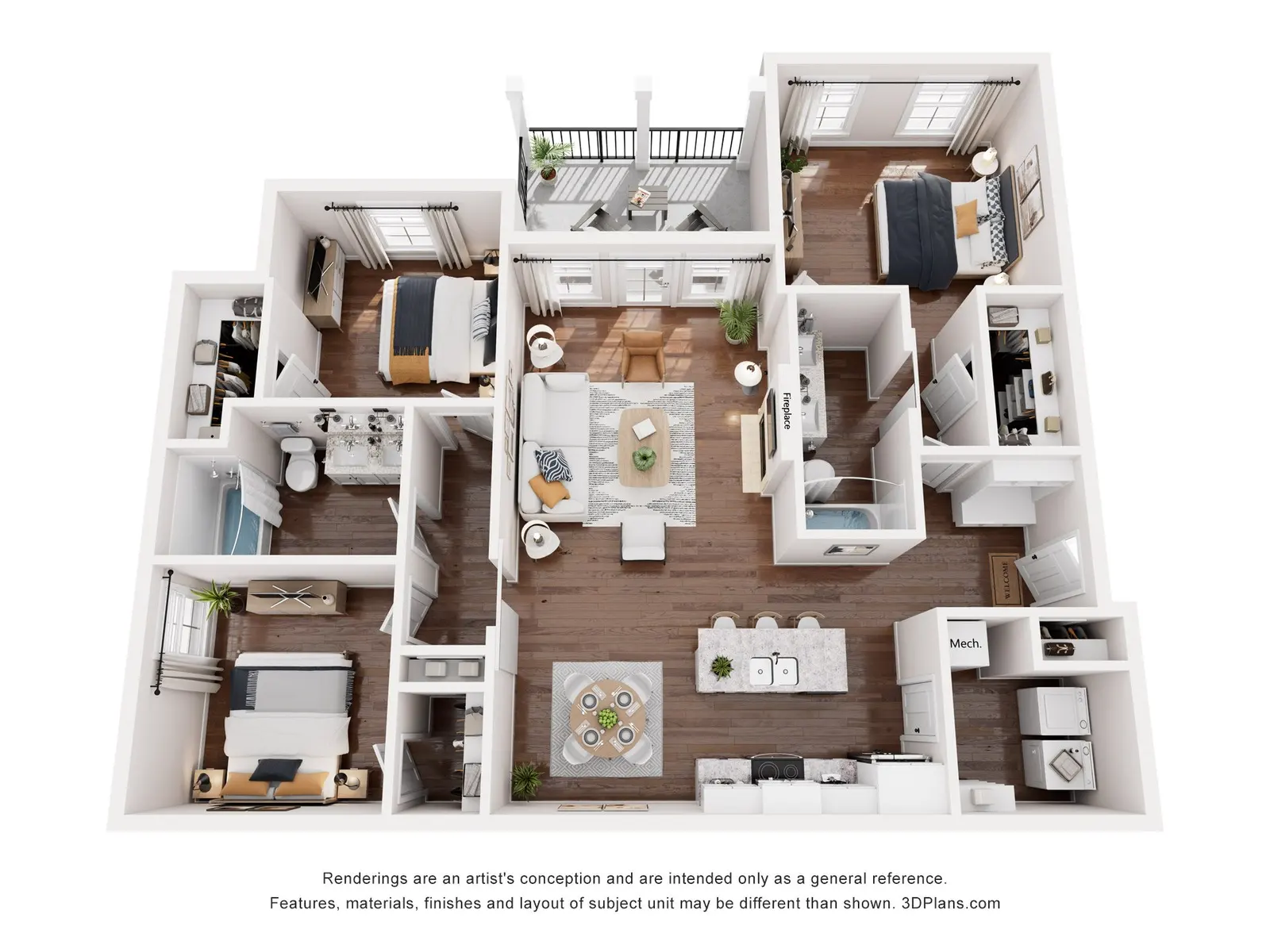 A top-down view of a modern apartment floor plan featuring multiple rooms, including living, kitchen, and bedrooms.