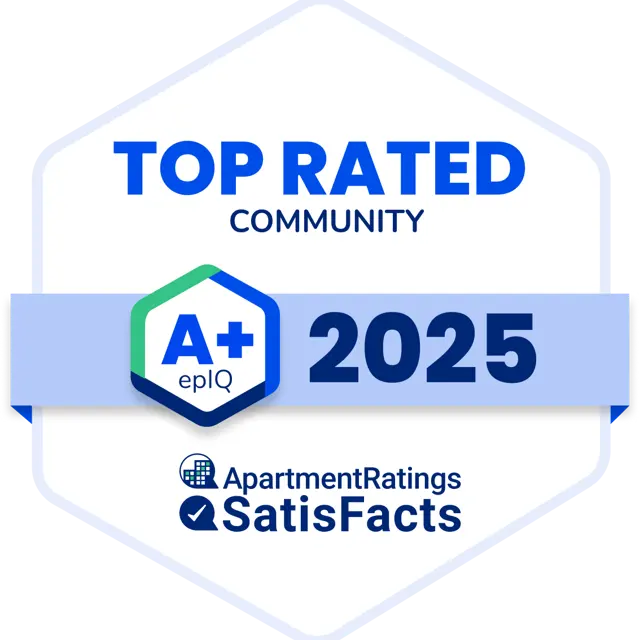 2025 badge indicating a top rated community with A+ epIQ rating from ApartmentRatings and SatisFacts.