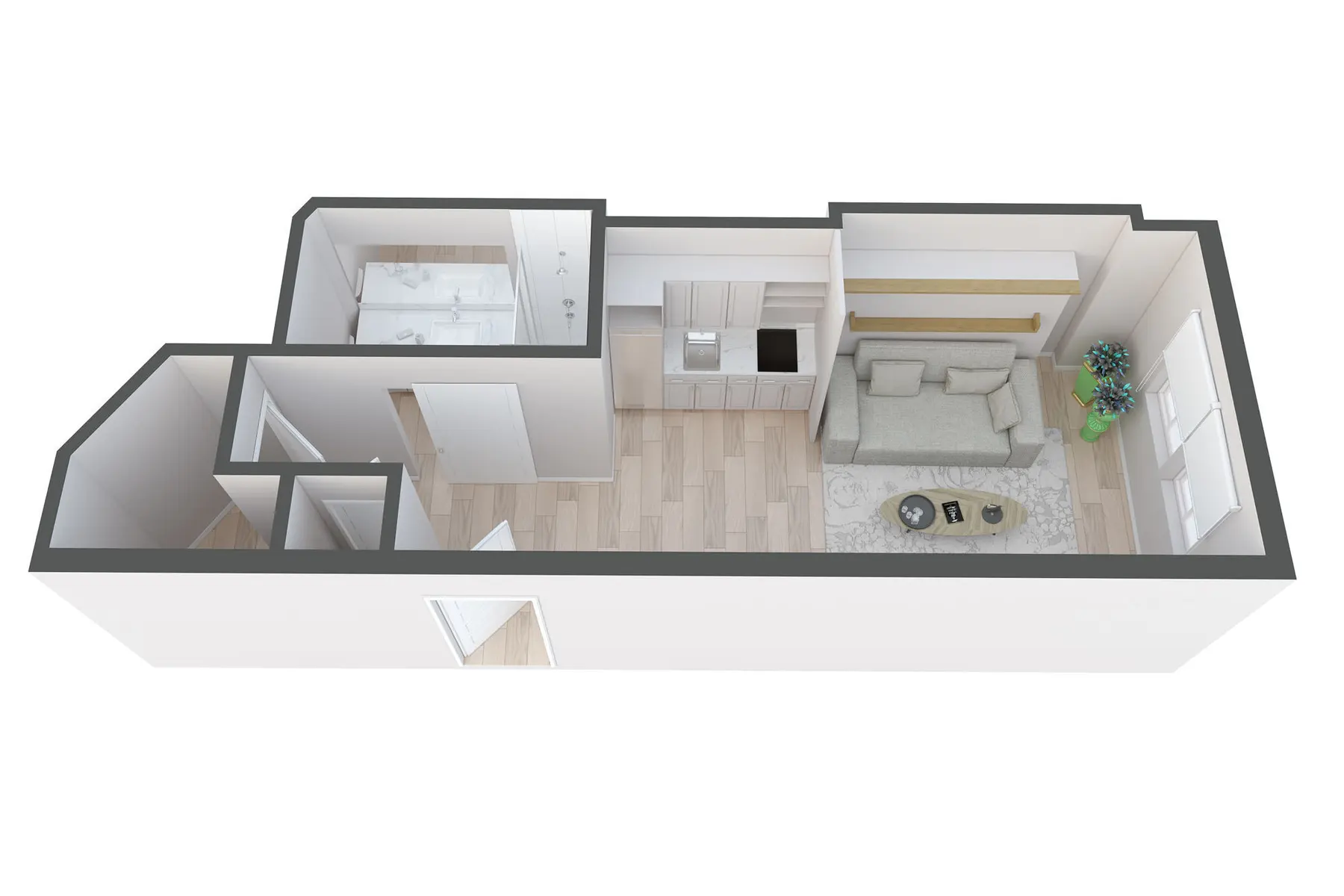 A top-down view of a modern apartment layout featuring a living room, kitchen, bathroom, and a small hallway.