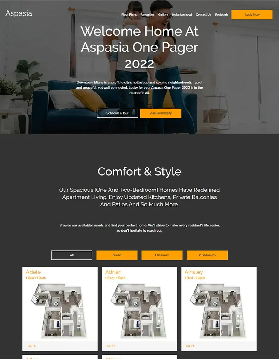Website homepage for Aspasia featuring welcoming message and apartment options.