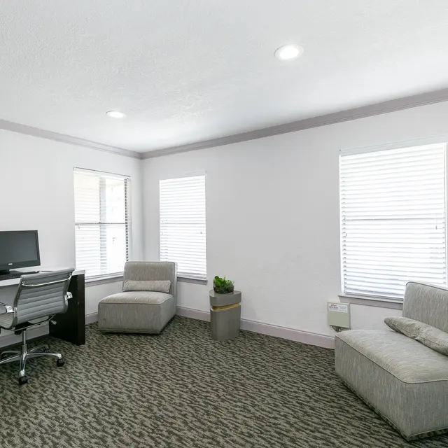 A modern office space featuring a desk with a computer, two gray armchairs, a potted plant, and two windows with blinds.