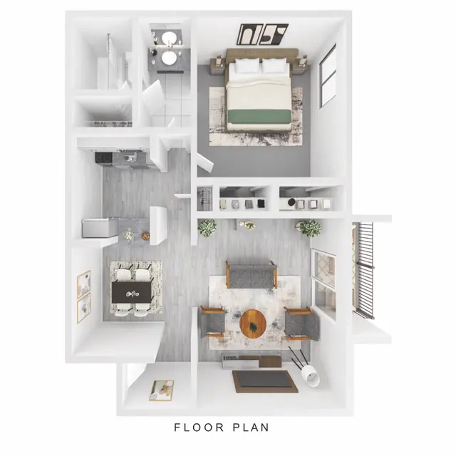 Modern Apartment Floor Plan Top view of a modern apartment floor plan featuring a bedroom, living room, kitchen, and bathroom.