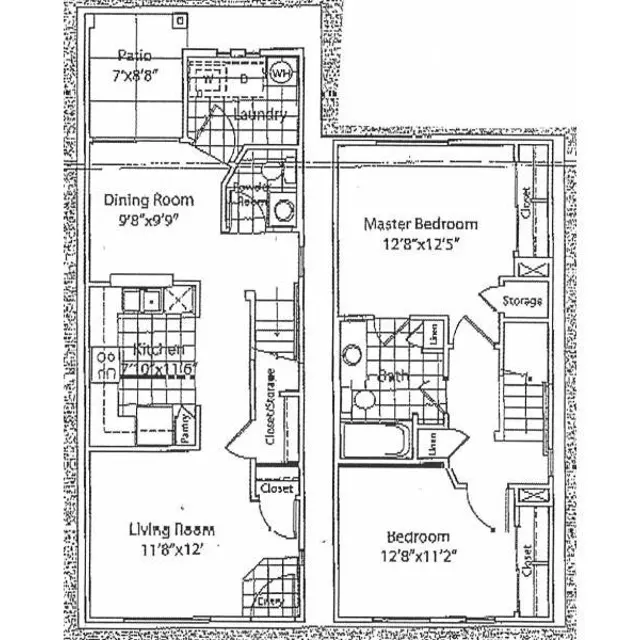 Apartment Floor Plan Layout A detailed floor plan of an apartment layout including rooms such as a patio, dining room, living room, master bedroom, and another bedroom, with dimensions indicated for each space.
