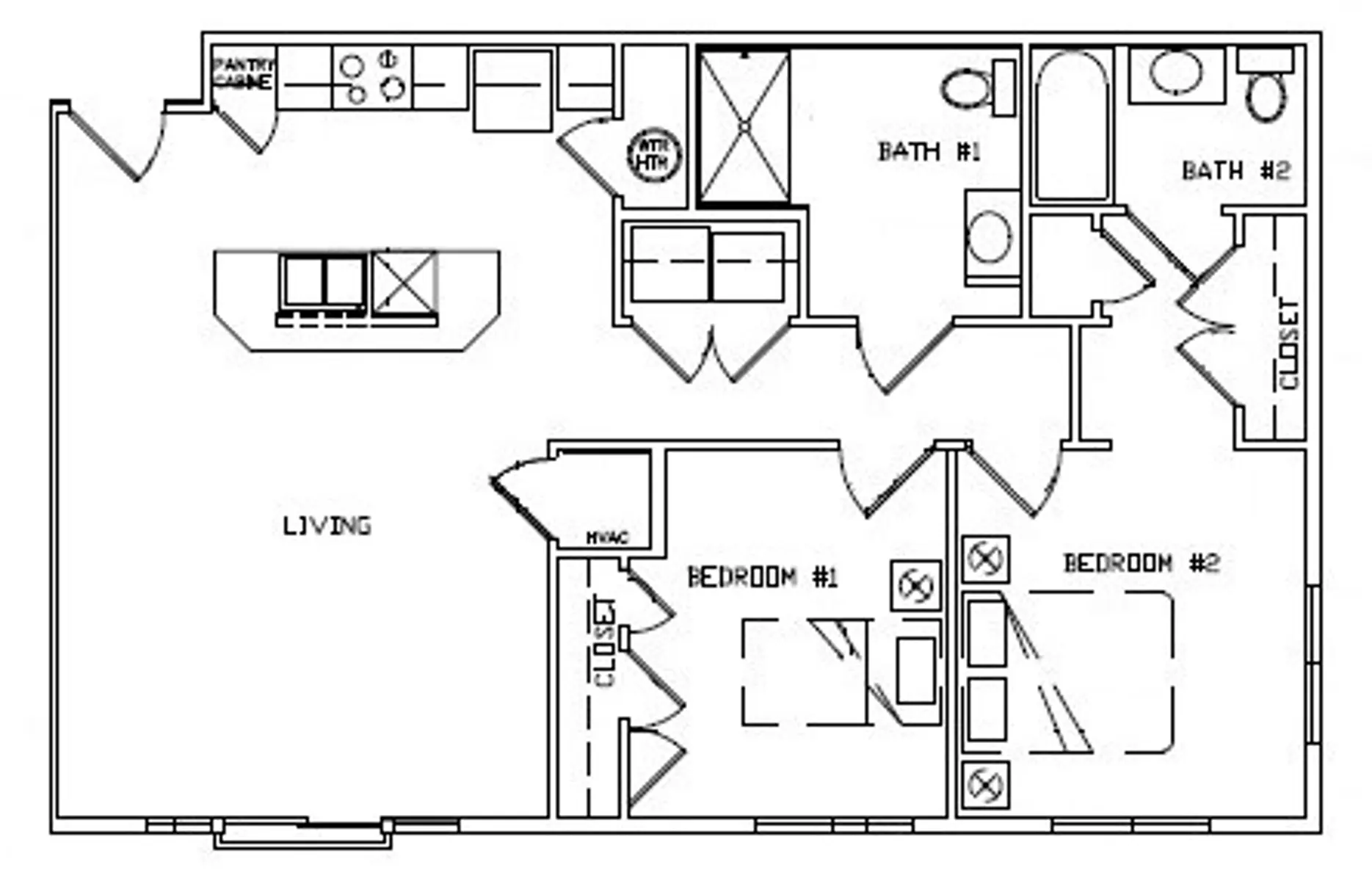 A simple black and white floor plan of an apartment layout, featuring a living area, two bedrooms, two bathrooms, a kitchen, and a closet.