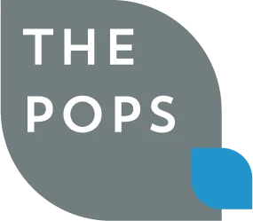 Logo for 'The Pops' featuring a gray background with the words 'THE POPS' in white and a small blue stylized element at the bottom right.