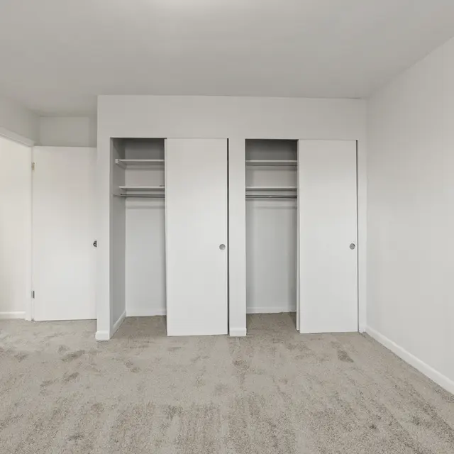 A vacant room with beige carpet and white walls. Two closed white closets are visible on one side, and an open door leads to another space.