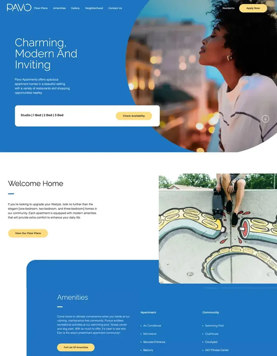 A website design for Pavo Apartments featuring a modern layout with a blue theme. It includes sections on the apartment offerings, amenities, and a welcome message, emphasizing comfort and inviting living spaces.