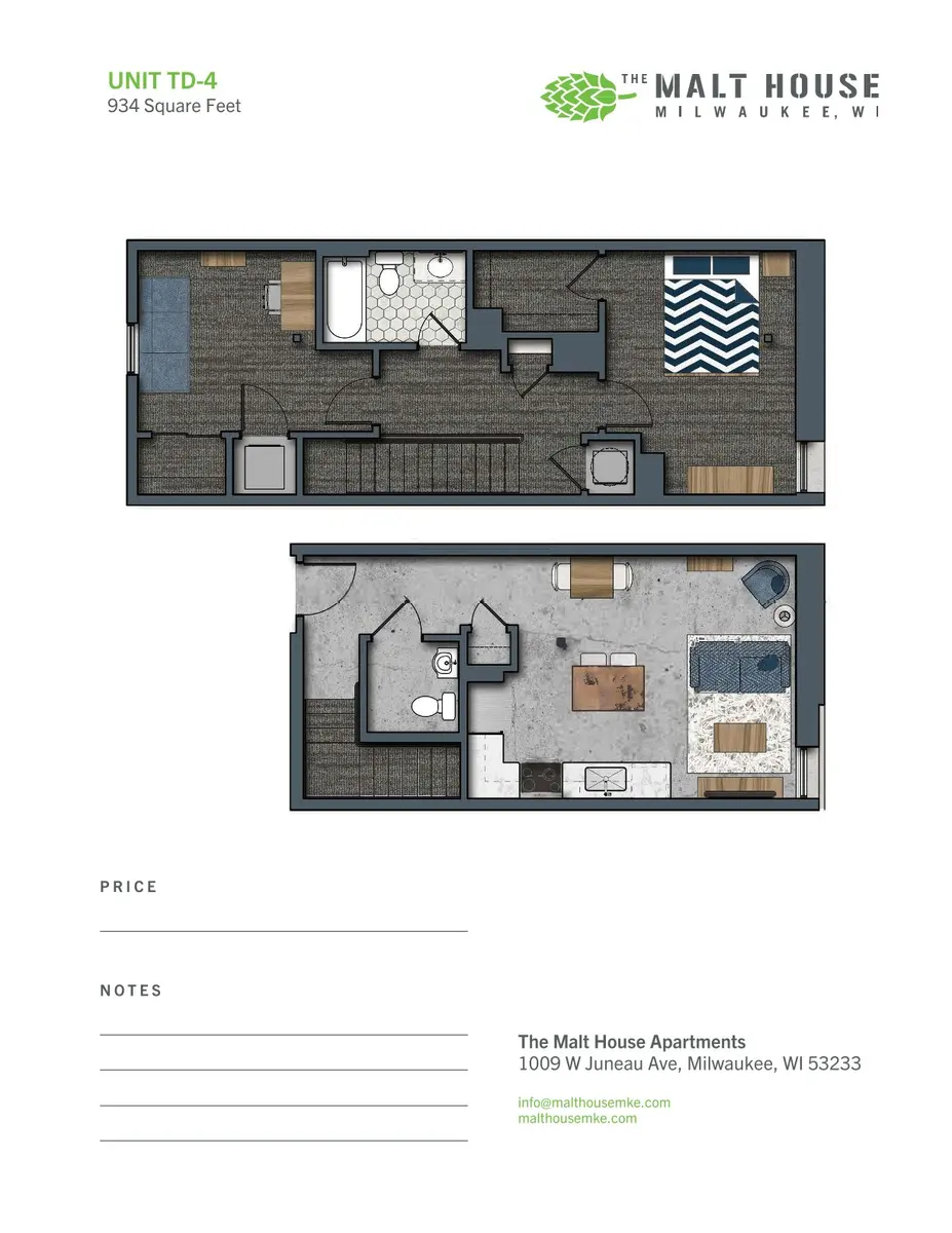 Floor plan of an apartment unit TD-4 measuring 934 square feet, showing the layout of rooms and spaces.