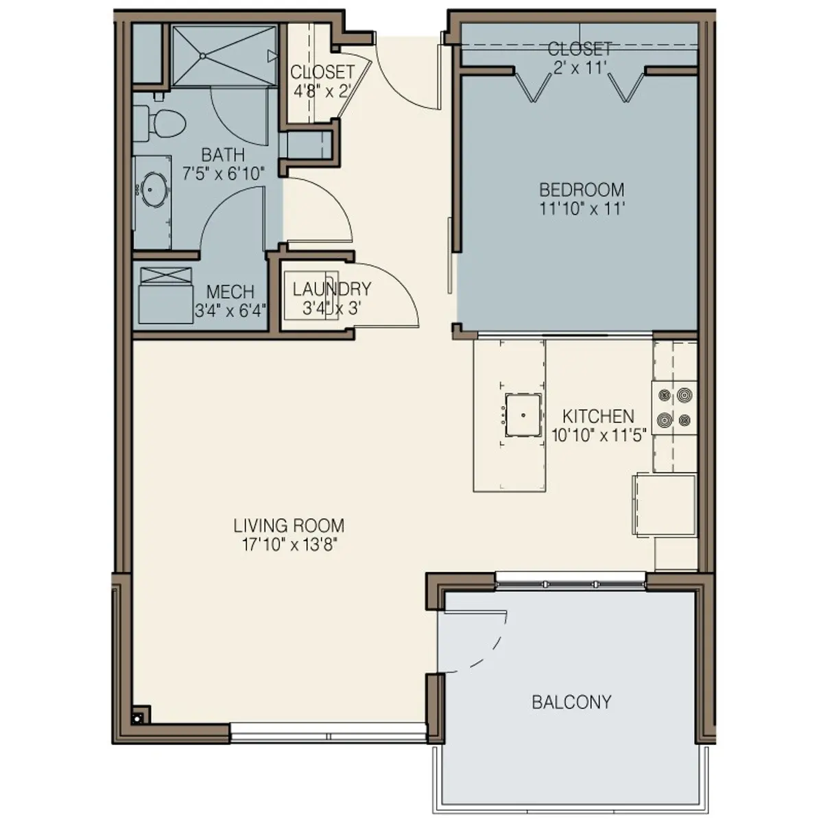 Floor plan of a one-bedroom apartment featuring a living room, kitchen, bedroom with closet, bathroom, laundry area, and balcony.