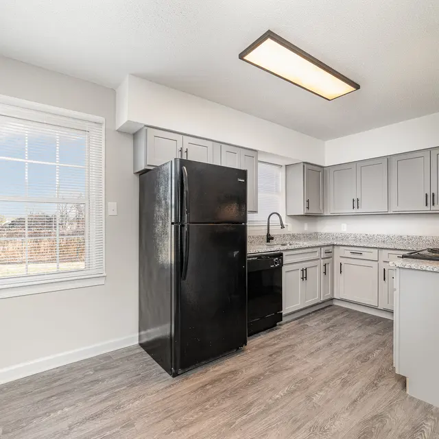 A modern kitchen featuring gray cabinets, a black refrigerator, and a black dishwasher. The room has a window allowing natural light to enter, and the flooring is light-colored wood-like material.