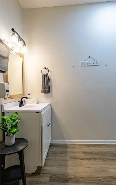 A simple bathroom interior featuring a white vanity with a sink, a mirror above the vanity, and a towel holder with a towel. A small plant sits on a black stool beside the vanity. The wall is light-colored with wooden flooring visible.