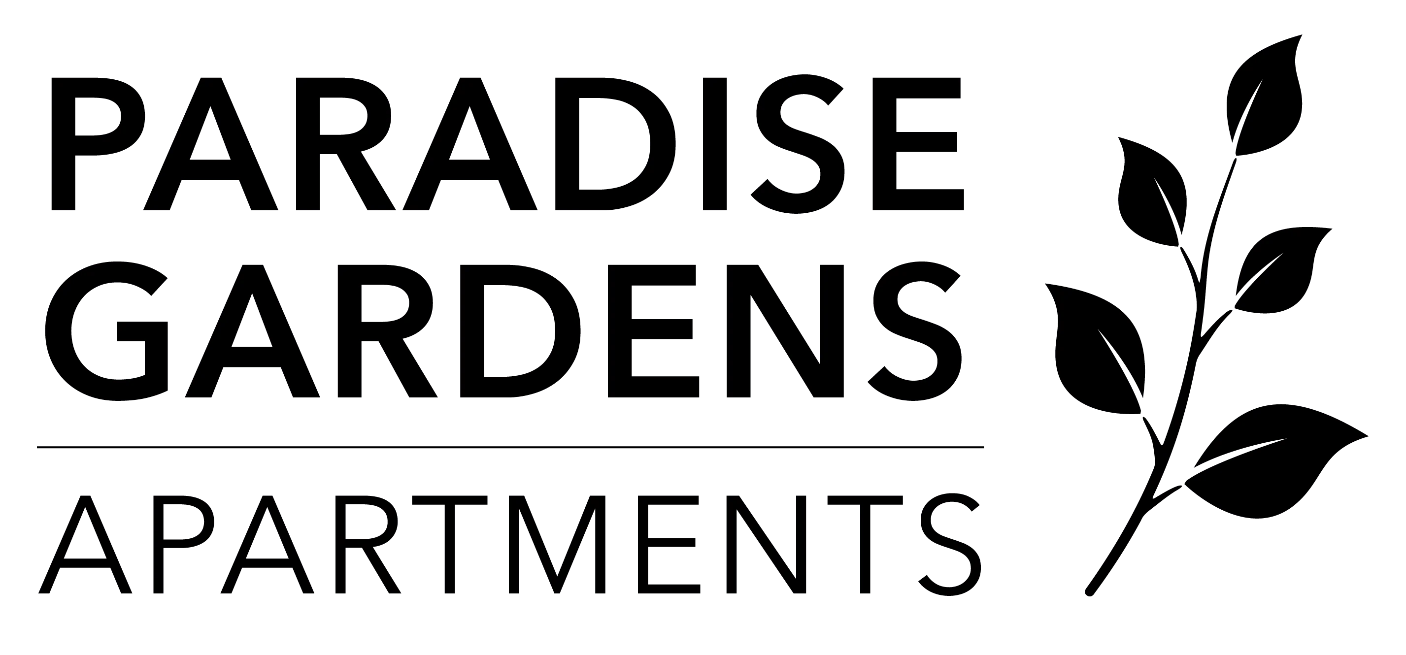 Logo for Paradise Gardens Apartments featuring the text 'PARADISE GARDENS APARTMENTS' and a stylized plant graphic.