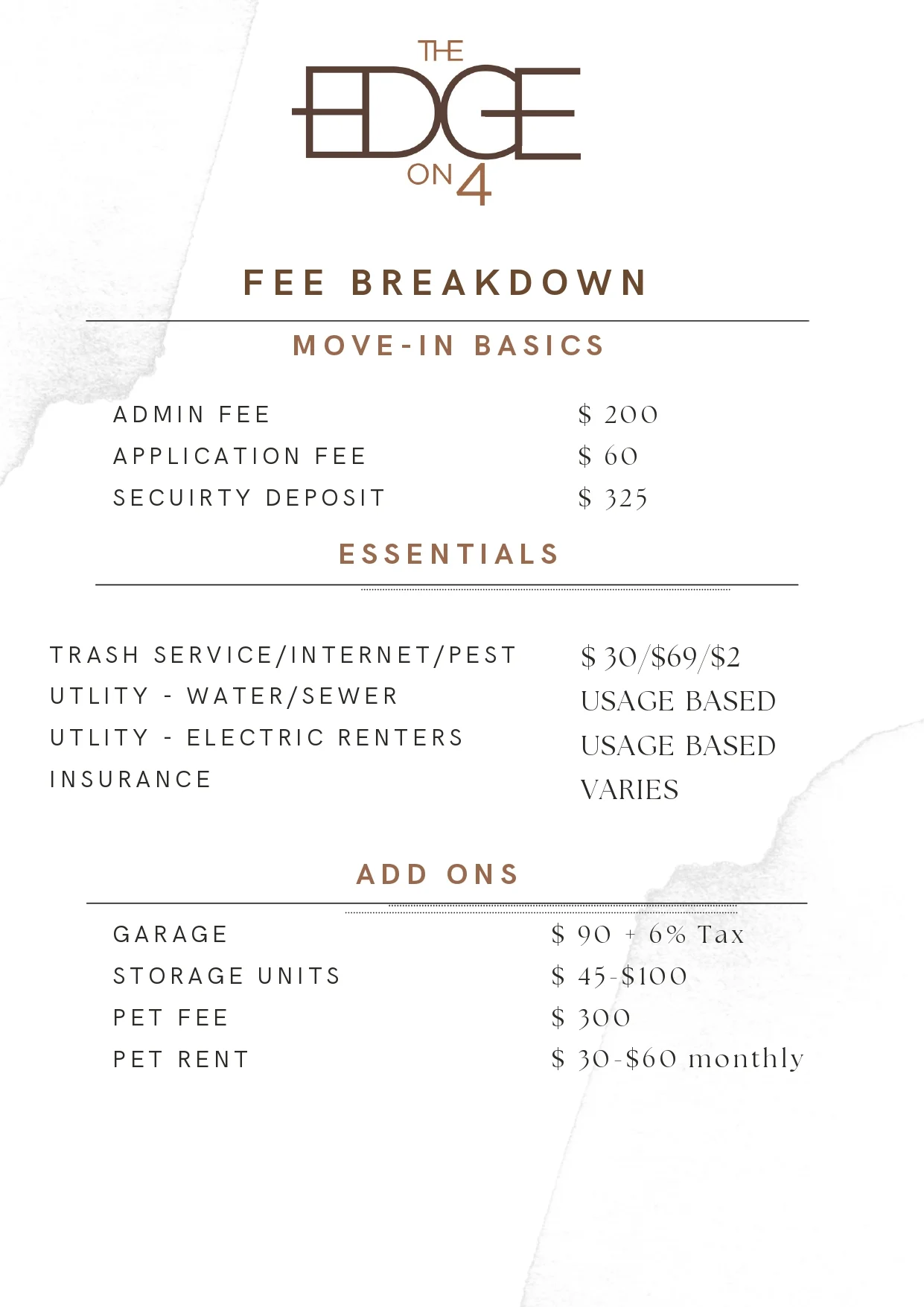 Fee breakdown for The Edge on 4 including move-in basics, essentials, and add-ons.