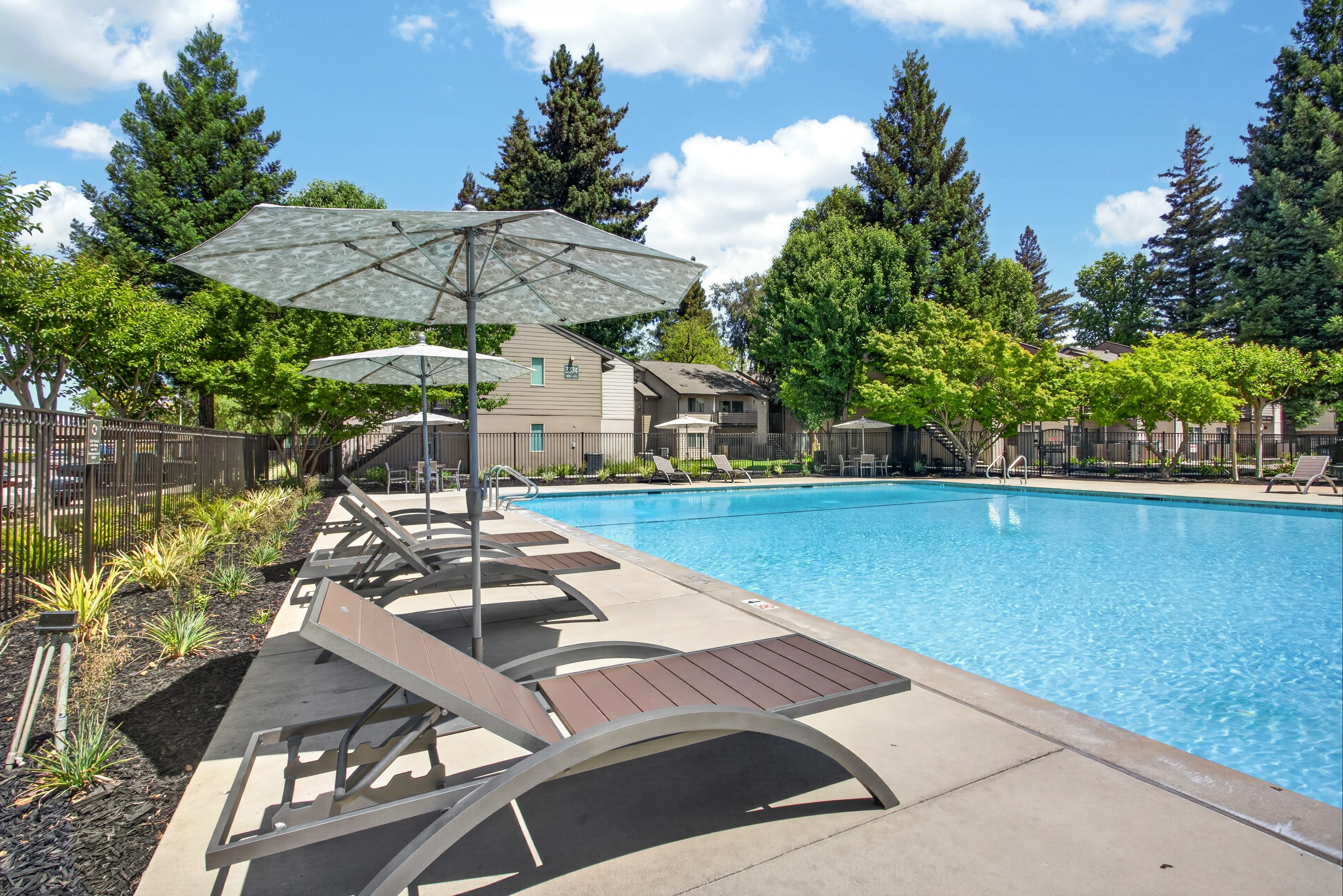 A serene swimming pool area featuring sun loungers and umbrellas, surrounded by green trees on a sunny day.