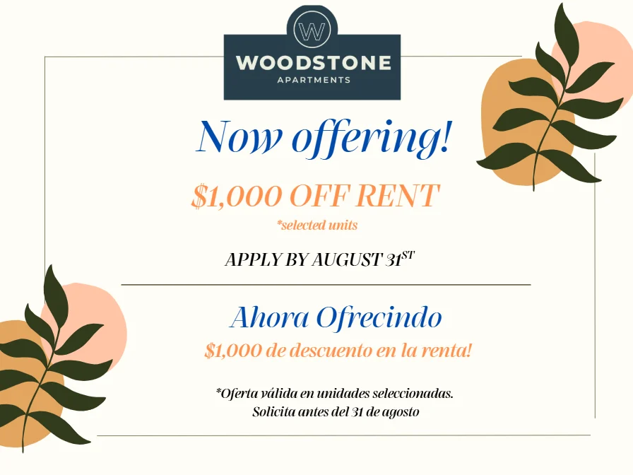 Promotional flyer for Woodstone Apartments offering a discount on rent