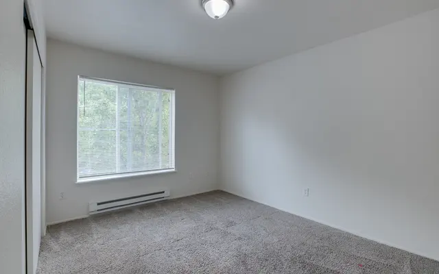 An empty room with beige carpet and a large window letting in natural light. The walls are painted white and there is a light fixture on the ceiling. A small baseboard heater is visible under the window.