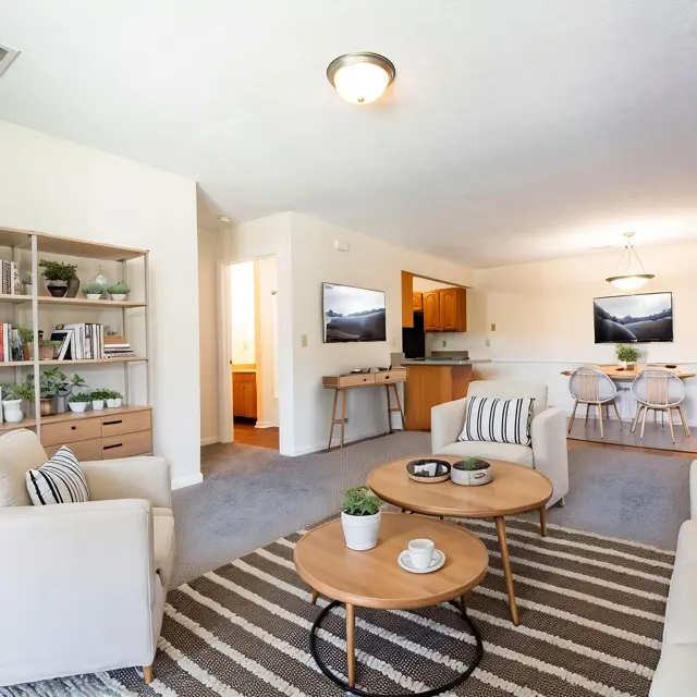A modern living room with two white couches, a striped rug, and a coffee table. A bookshelf is filled with books and plants against one wall. In the background, there's a dining area and a kitchen visible.