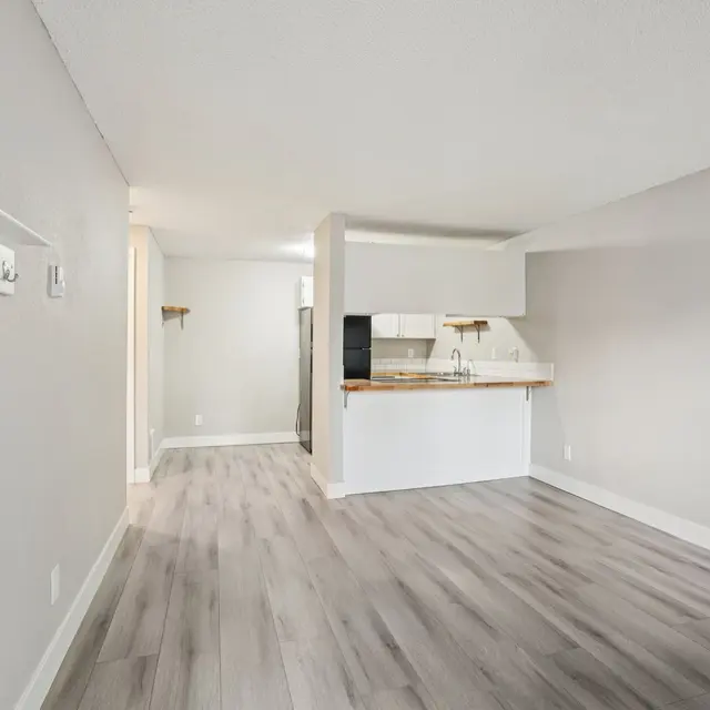 Spacious living area with modern decor, featuring light wood flooring and a kitchen area in the background.