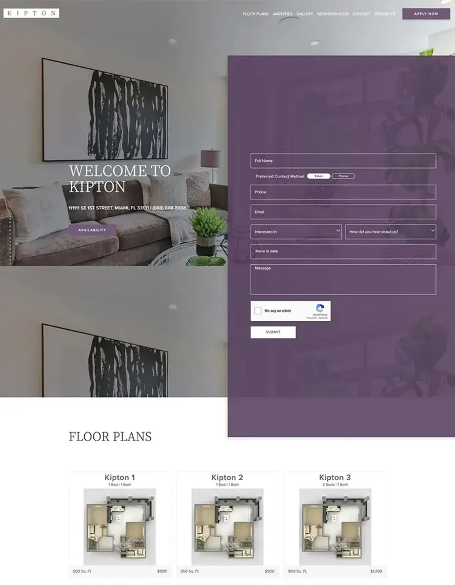 A webpage for Kipton, showcasing an inviting living room with modern decor and a registration form for interested visitors.