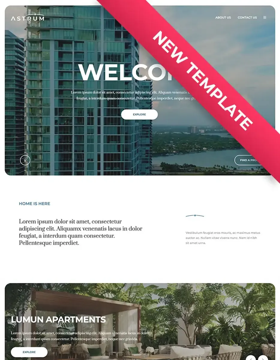 Astrum Web Template A web template design showcasing a modern interface with a welcome message and sections for content.