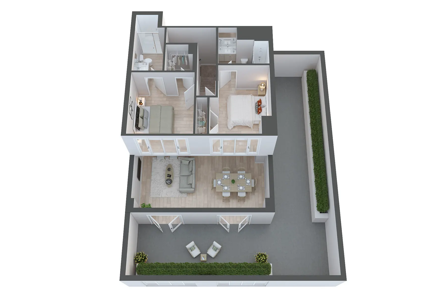 Modern Apartment Floor Plan 3D floor plan of a modern apartment featuring a living area, dining room, kitchen, two bedrooms, and a patio area.