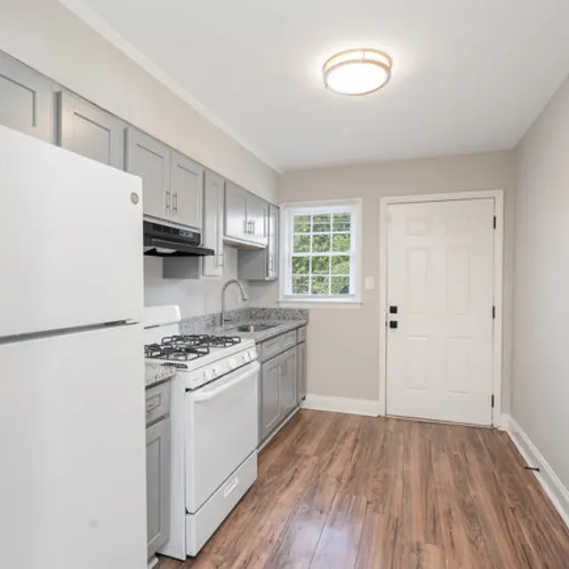A modern kitchen featuring gray cabinetry, a white refrigerator, a gas stove, and a window. The floor is hardwood, and there is a door leading outside.