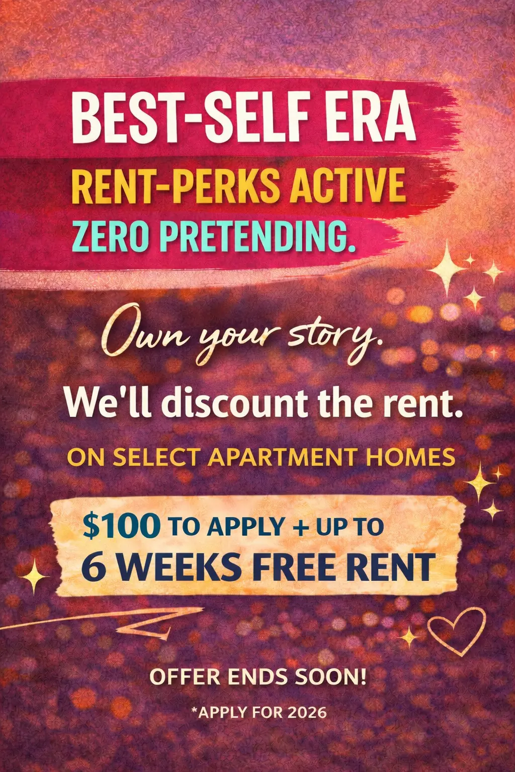 Promotional advertisement for an apartment rental offer with colorful background and text details.