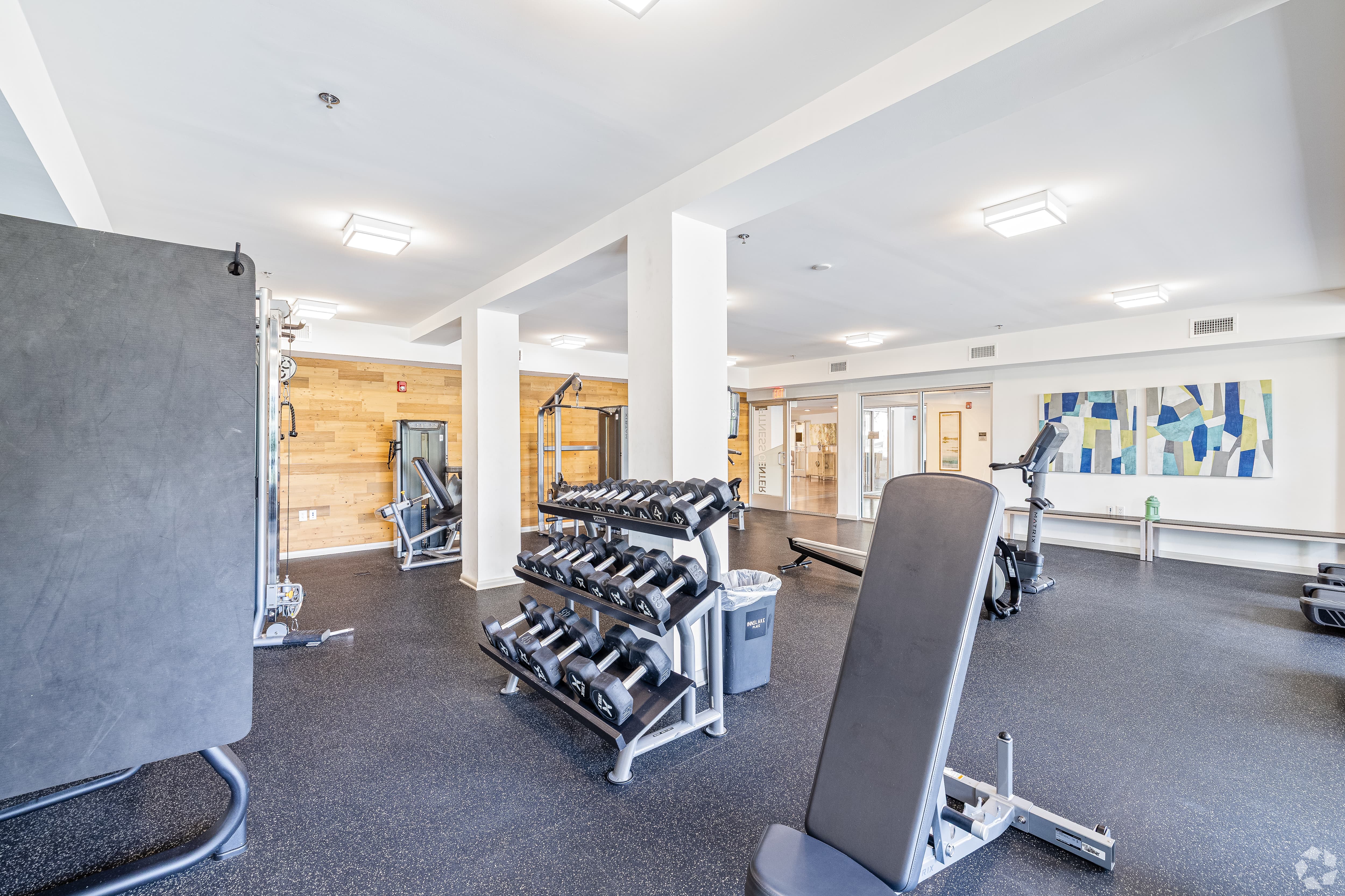 Modern Gym Interior Interior view of a modern gym featuring weight lifting equipment and fitness machines.