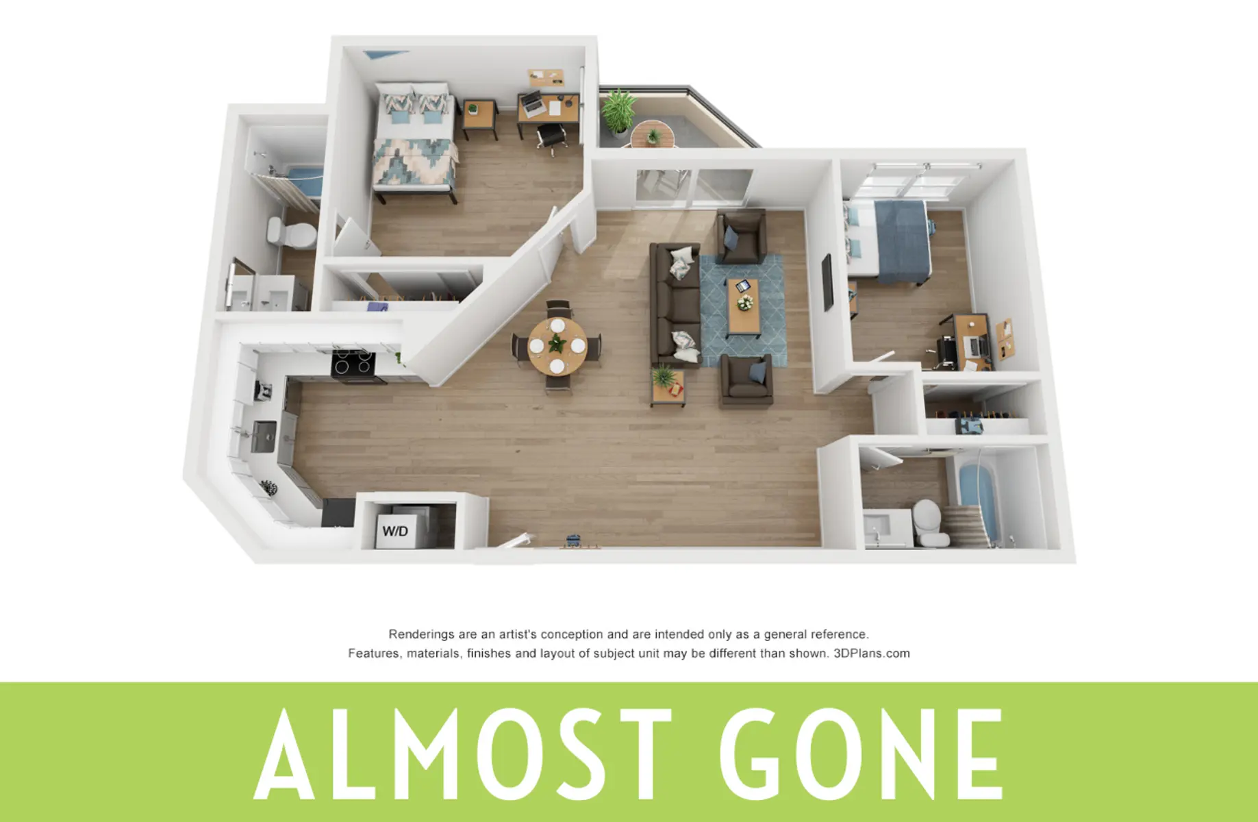 A 3D rendering of an apartment layout featuring multiple rooms including a living area, kitchen, and bedrooms, with furniture shown.