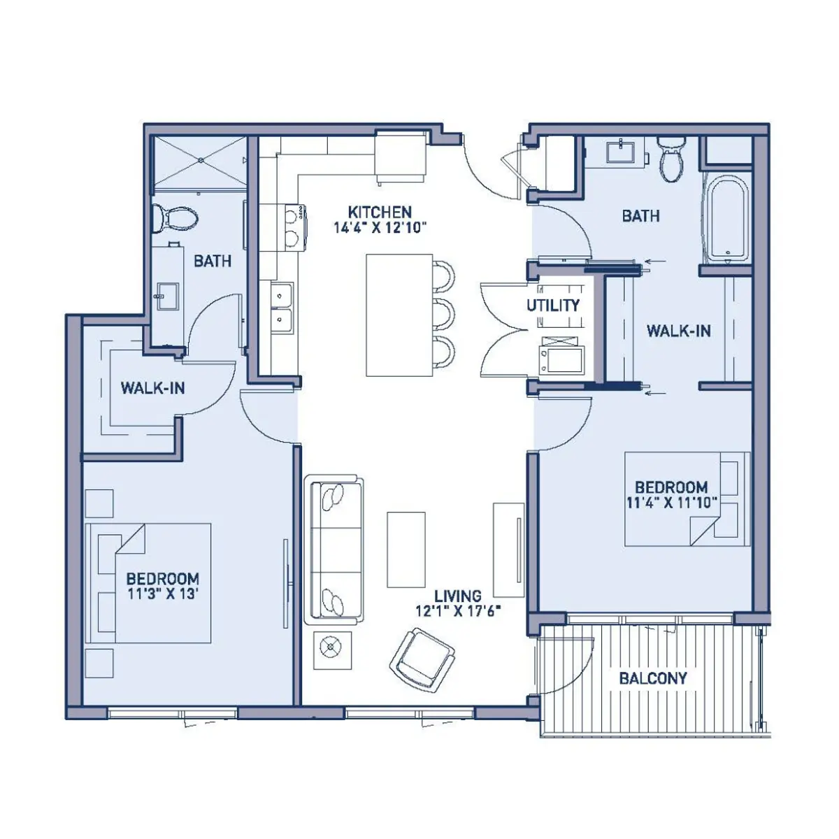 A detailed floor plan of a two-bedroom apartment with labeled areas including kitchen, living room, utility room, and bathrooms.