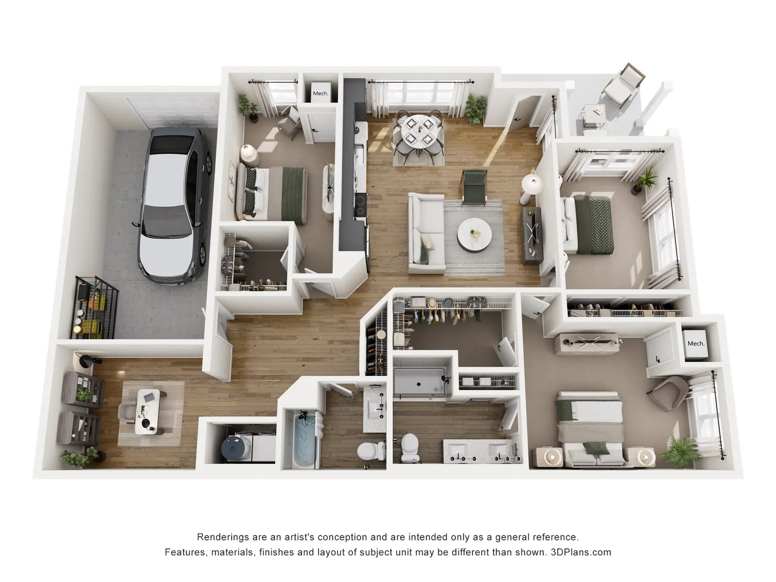 An overhead layout design of a residential apartment showing various rooms including a living area, kitchen, bedrooms, and garage.