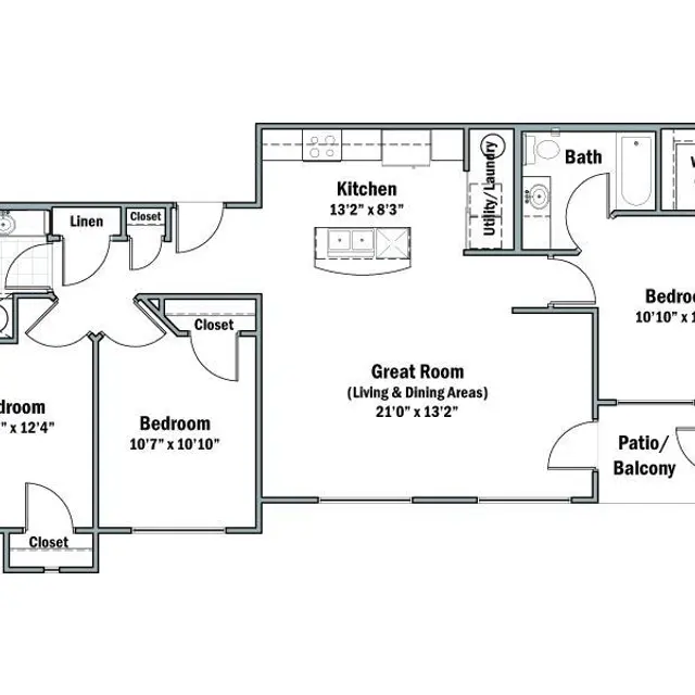 Three-Bedroom Apartment Floor Plan A detailed floor plan of a residential apartment featuring three bedrooms, three bathrooms, a kitchen, a great room for living and dining, a patio or balcony, and a storage area.