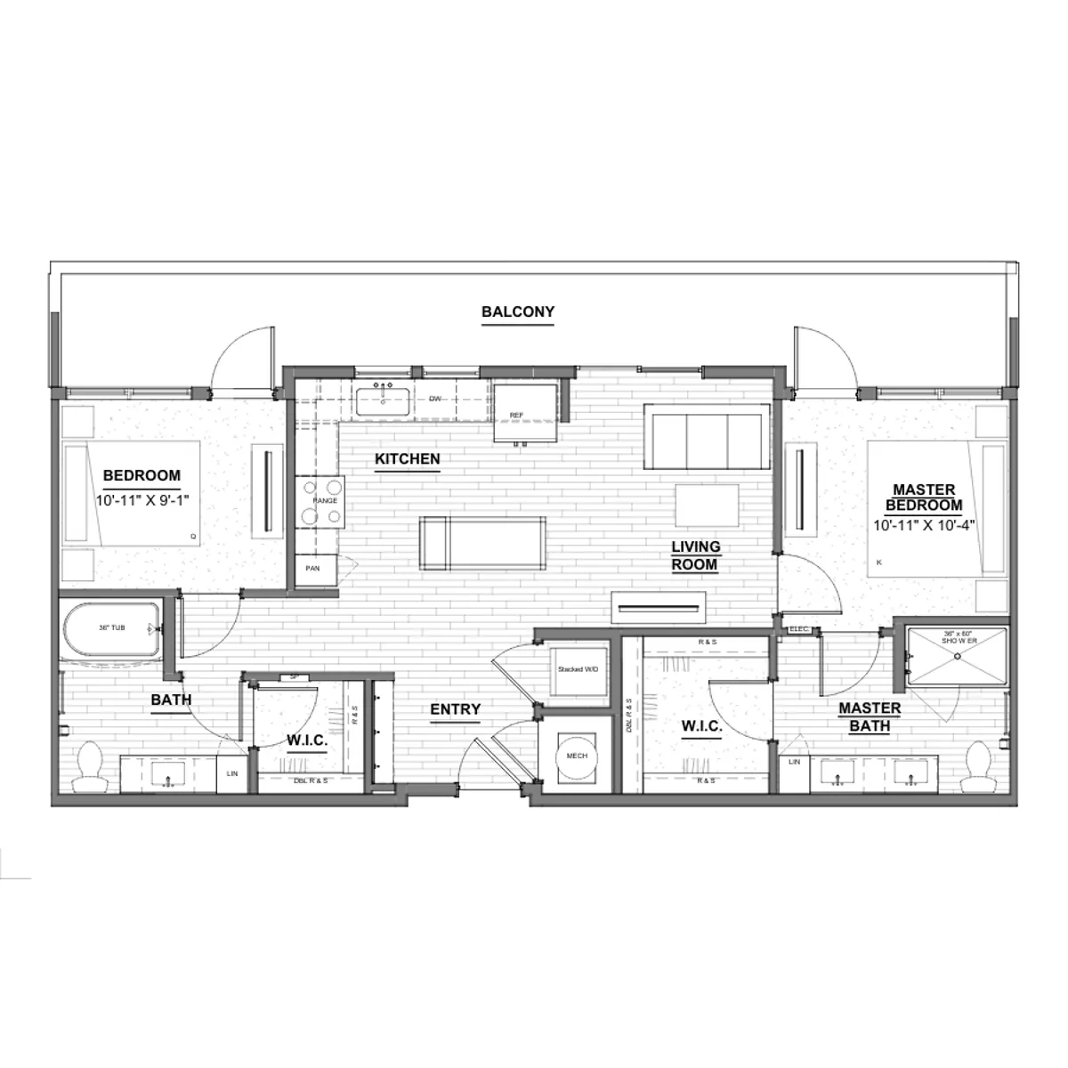 Two-Bedroom Apartment Floor Plan A detailed floor plan of a two-bedroom apartment featuring a living room, kitchen, and two bathrooms. The master bedroom includes a walk-in closet and an en-suite bathroom, and there's an additional bedroom with its own closet. The layout includes an entryway and leads to a balcony.