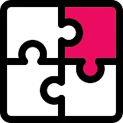 A colorful jigsaw puzzle piece design featuring four sections with various colors, including green and pink.