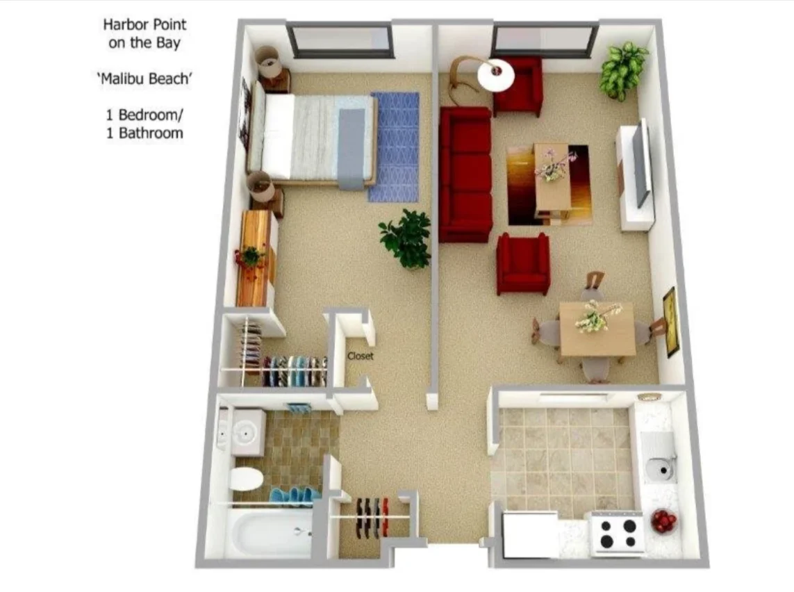 Malibu Beach Apartment Layout Top-down view of a 1-bedroom, 1-bathroom apartment layout labeled 'Malibu Beach' at Harbor Point on the Bay. The layout shows a bedroom, living area with red furniture, dining space, kitchen, and bathroom.