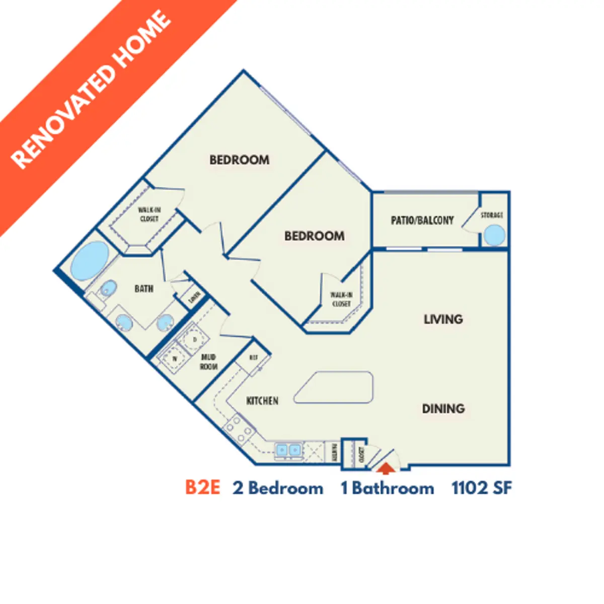 Floor Plan for Renovated 2-Bedroom Apartment A floor plan for a renovated 2-bedroom, 1-bathroom apartment, measuring 1102 square feet. The layout includes a kitchen, living and dining areas, along with a patio or balcony. Features are noted like a walk-in closet and storage area.