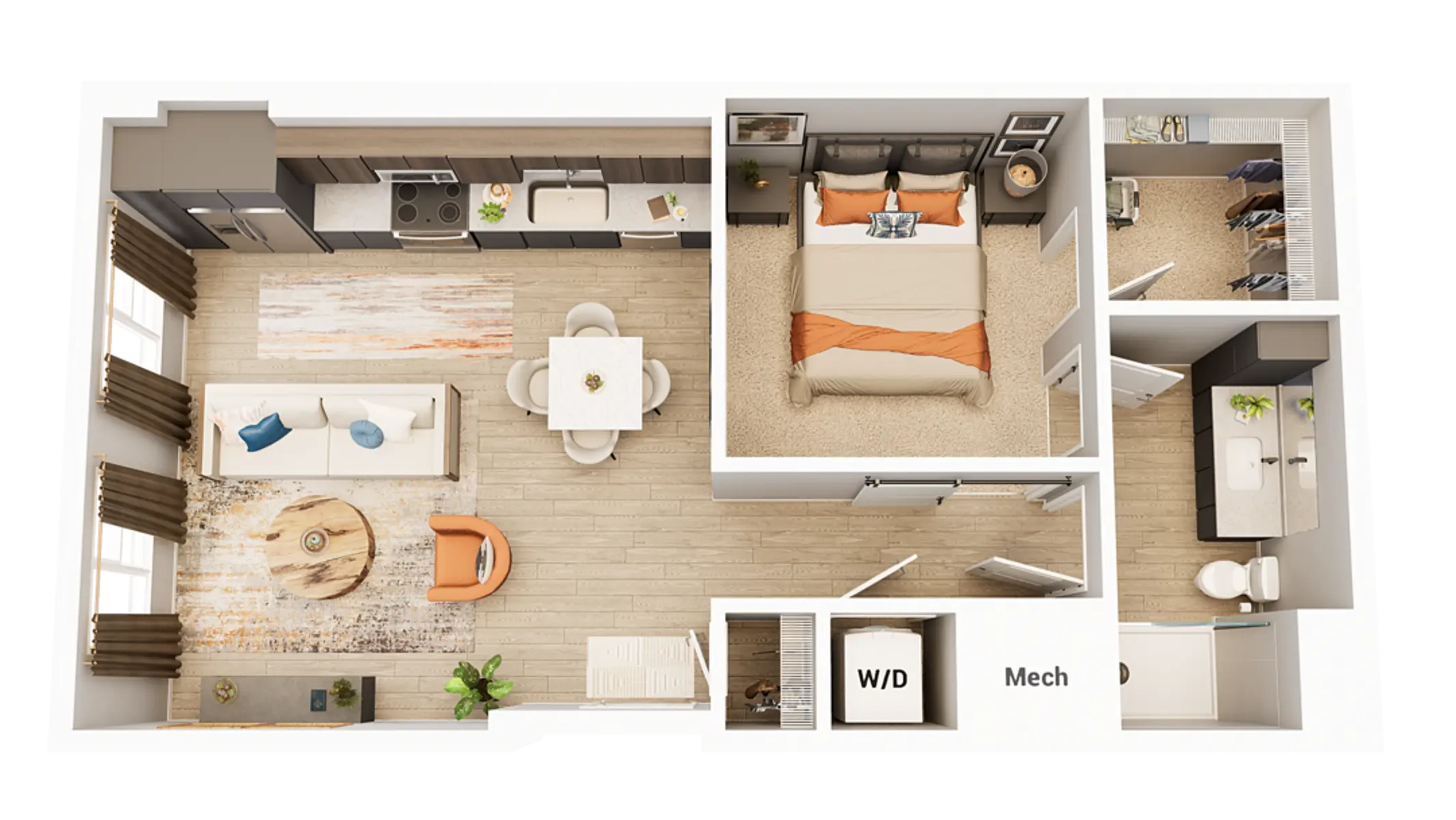 Modern Apartment Layout Top-down view of a modern apartment layout featuring a living room, dining area, kitchen, bedroom, and bathroom.