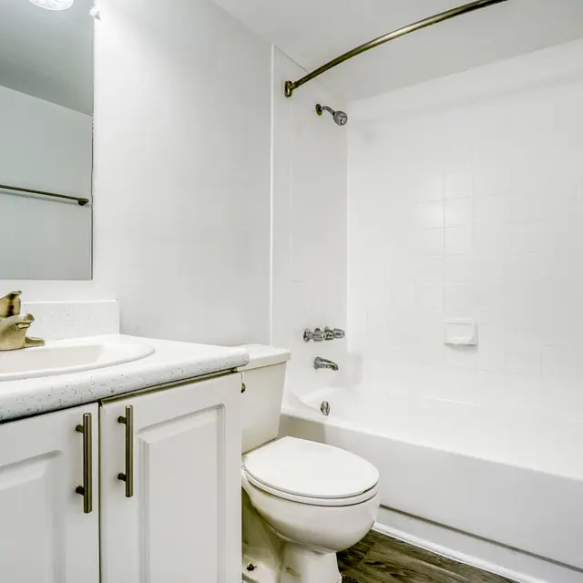 Modern Bathroom Design A modern bathroom featuring a white bathtub, toilet, and sink with a granite countertop. The walls are white, and the floor has a wooden appearance. A mirror is mounted above the sink.