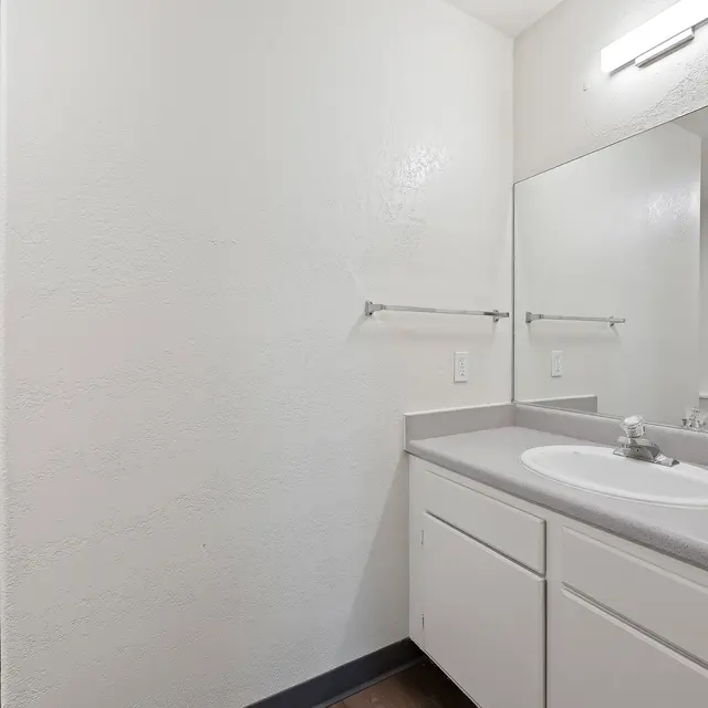 Modern Bathroom Interior A simple and modern bathroom featuring a vanity with a sink, a large mirror above the sink, and light-colored walls. The floor has a wooden finish, and there are two towel bars mounted on the wall. A partial view of another space is visible on the left.