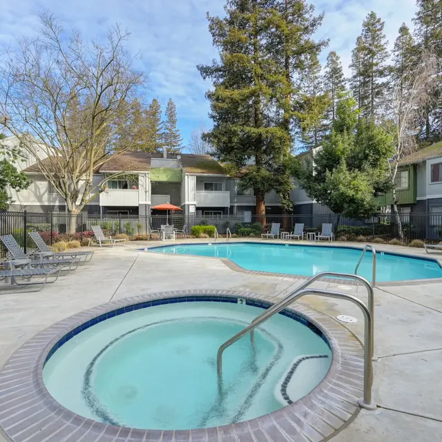Outdoor pool area featuring a hot tub and swimming pool with surrounding lounge chairs and trees in the background.