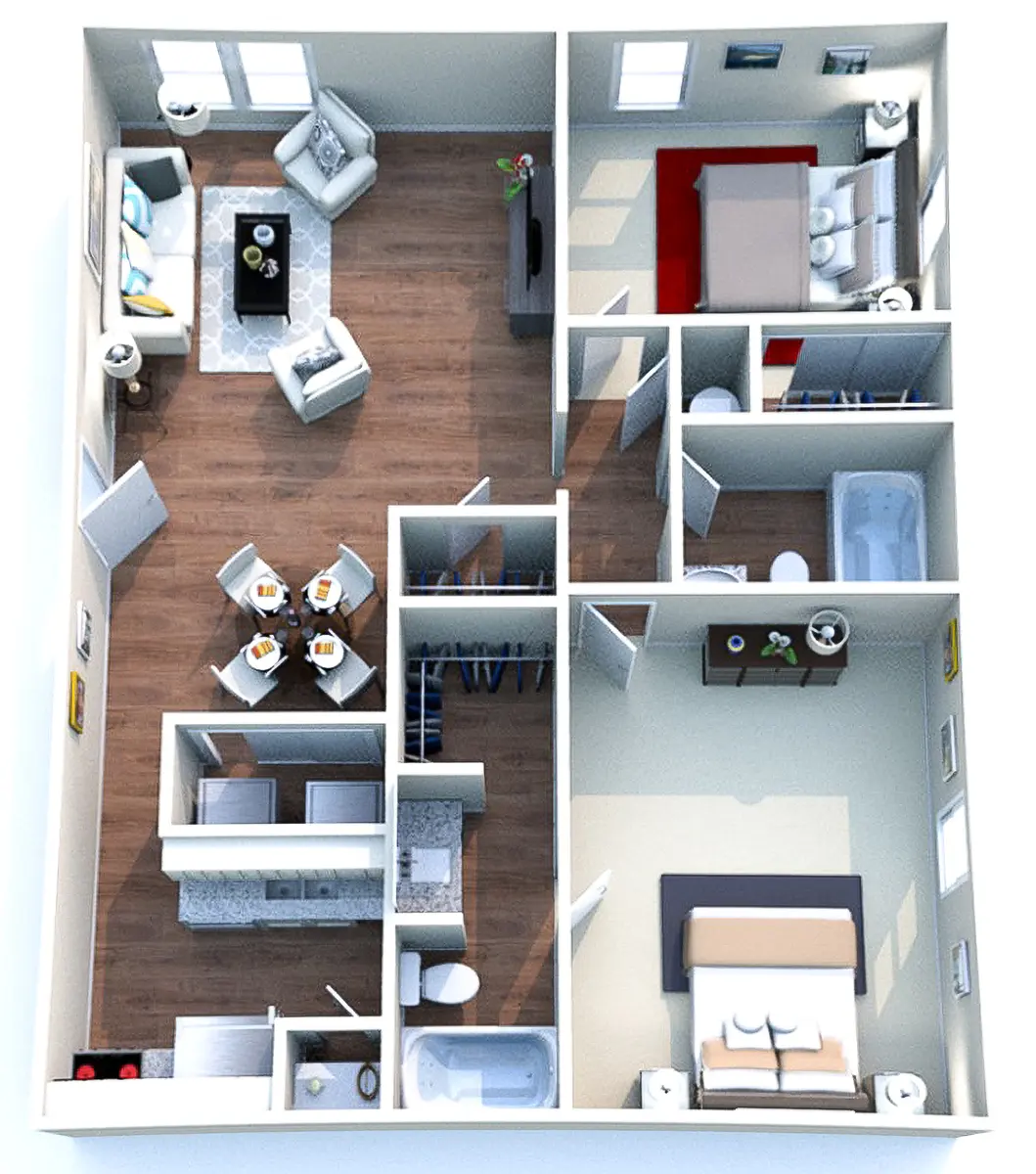 A 3D floor plan of a house featuring two bedrooms, a living area, kitchen, dining space, and bathroom layout.