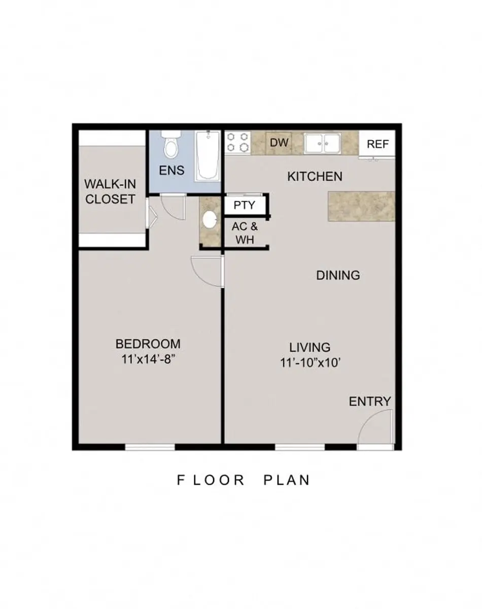 Floor plan of a small apartment featuring a bedroom, living area, kitchen, dining space, and a walk-in closet.