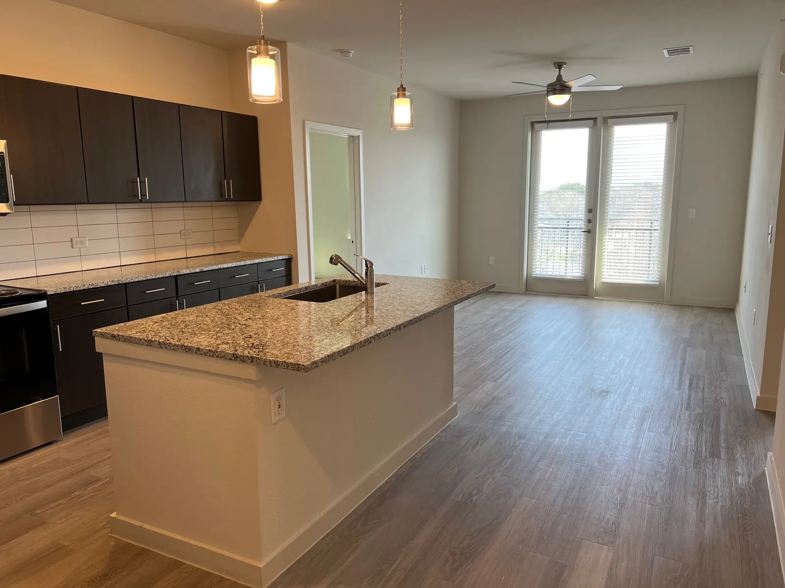 Modern apartment interior featuring a kitchen with dark cabinets and a granite countertop, leading to a spacious living area with large windows.