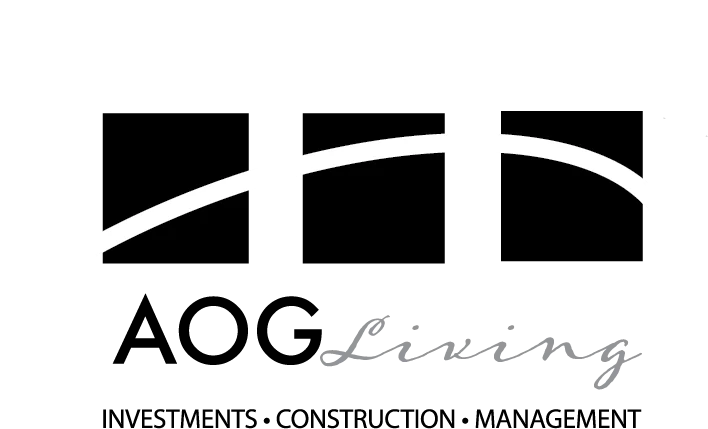 Logo of AOG Living featuring the text 'AOG Living' with the words 'Investments', 'Construction', and 'Management' below it. The logo includes three black squares and a curved line above the text.