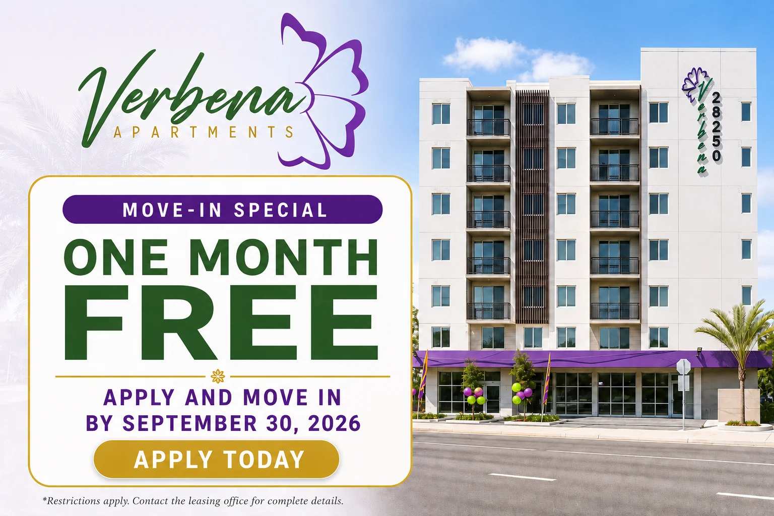 Promotional advertisement for Verbena Apartments showcasing a move-in special offering one month free for new tenants by September 30, 2026.