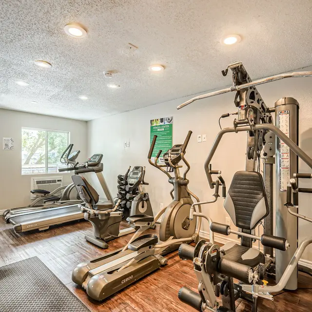 Interior view of a home gym with exercise equipment including elliptical, stationary bike, and weight machine, with natural light from windows.