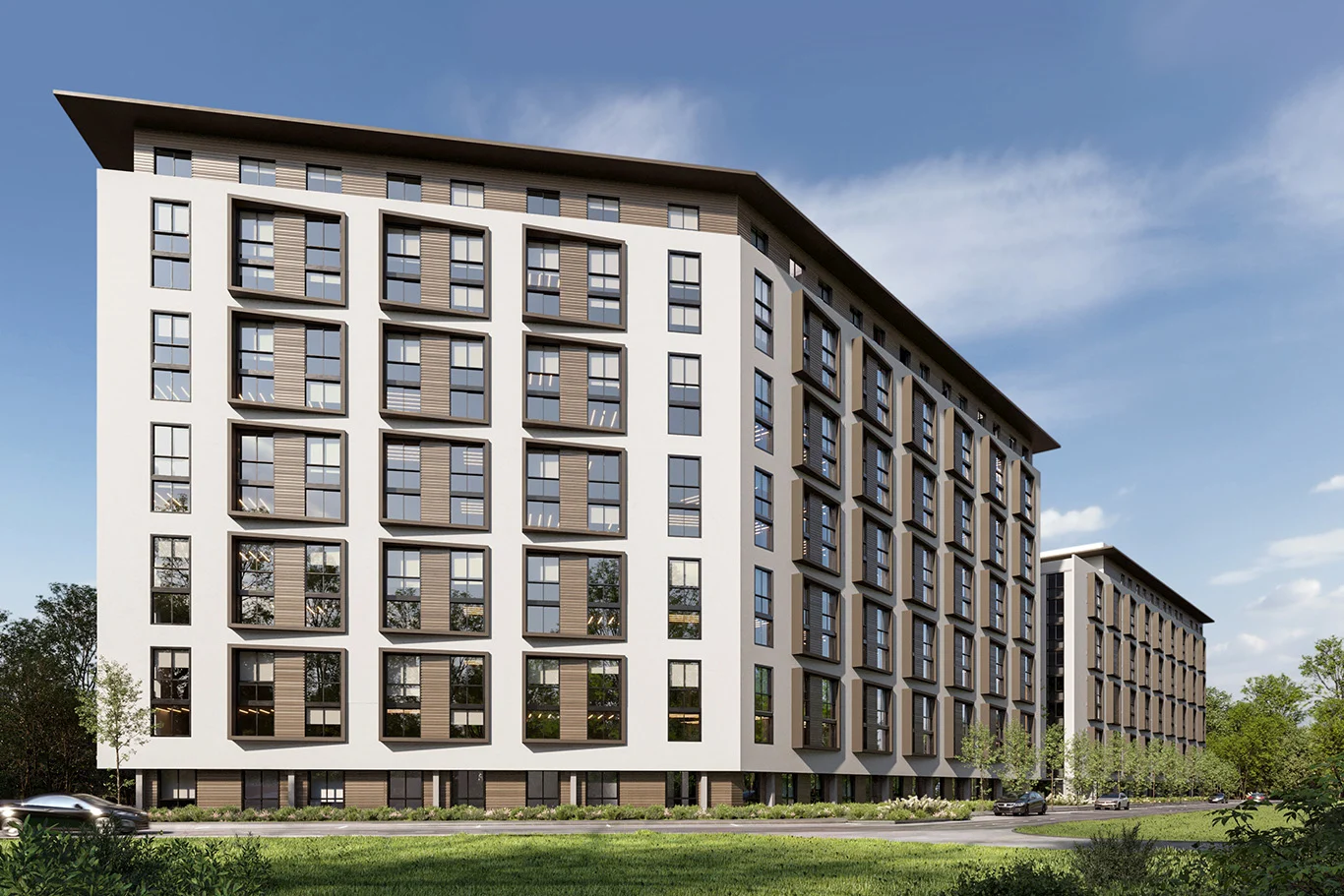 A modern multi-story apartment building with a sleek design featuring large windows and a landscaped area in front.